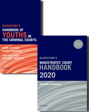 Cover for 

Blackstones Magistrates Court Handbook 2020 and Blackstones Youths in the Criminal Courts (October 2018 edition) Pack






